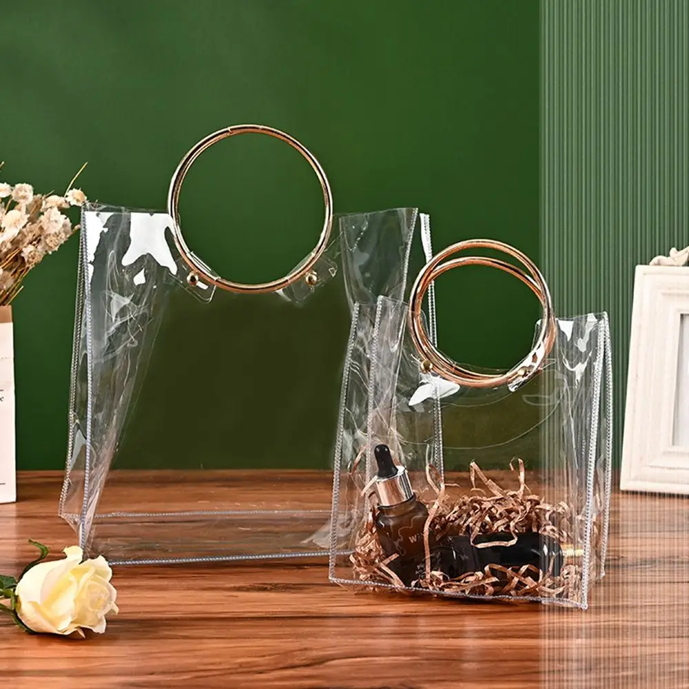 1Pc Transparent PVC Tote Bag Metal Texture Design Round Hand-held Jewelry Pouch Wedding Candy Case