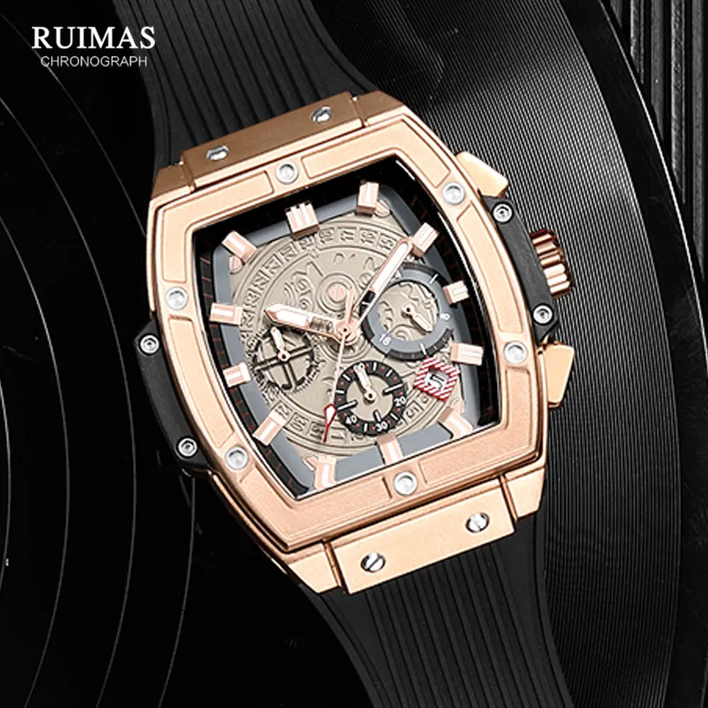 RUIMAS Tonneau Dial Chronograph Quartz Watches for Men Fashion Sport Waterproof Wristwatch with Silicone Strap Date 24-hour 333