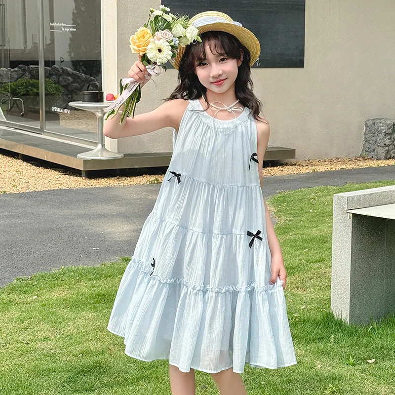 2026 Summer slip Camisole off shoulder bow kid baby party mesh princess Girls Mid Long lace Teenager dress 4 8 10 12 14 Years