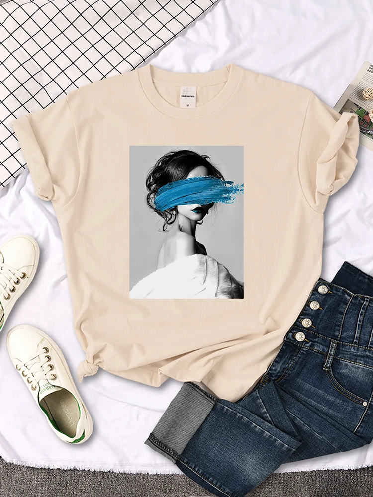 Art Portrait Character Smear Print Women Tshirts Summer Fashion T-Shirt Breathable O-Neck Tee Shirts Soft Cool T-Shirt Female