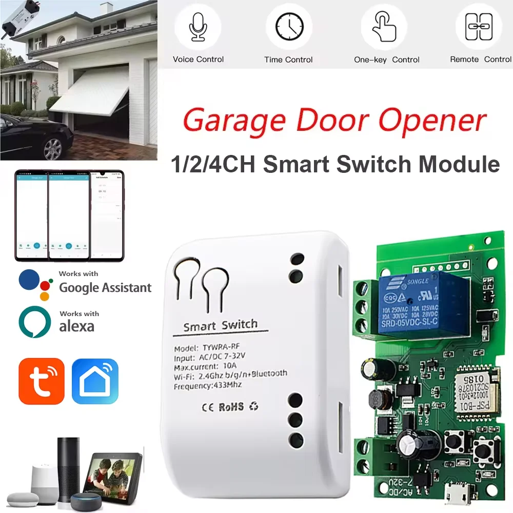 Wifi Smart Garage Door Opener Tuya Smart Life App Motor switch Module AC DC 7-32V 85-250V RF433 Inching/Self-locking Alexa Relay