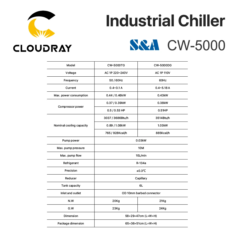 Cloudray S&A CW5000 Industry Air Water Chiller for CO2 Laser Engraving Cutting Machine Cooling 80W 100W Laser Tube