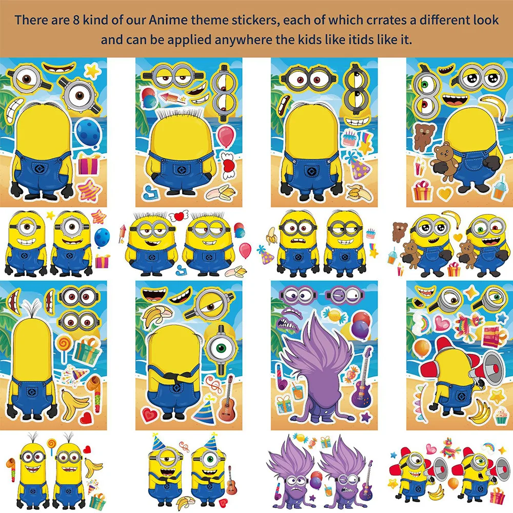 16pcs Minions Toys Make A Face Stickers DIY Cartoon Kids Puzzle Assemble Toy Children Game Jigsaw Anime Funny Party Toys Gifts