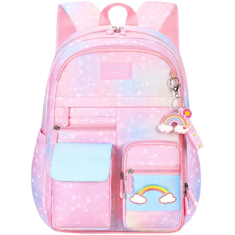 Elementary Students Kids Backpack Girls Large Capacity Breathable Lightweight Spine Care Waterproof Cute Rainbow School Backpack