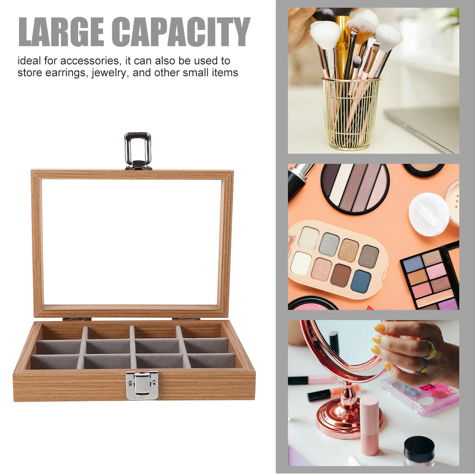 Wooden Nail Art Organizer Box 12 Grids Glass Top Dustproof Soft Lined Jewelry Storage Display Case for Earrings Rings Bracelets