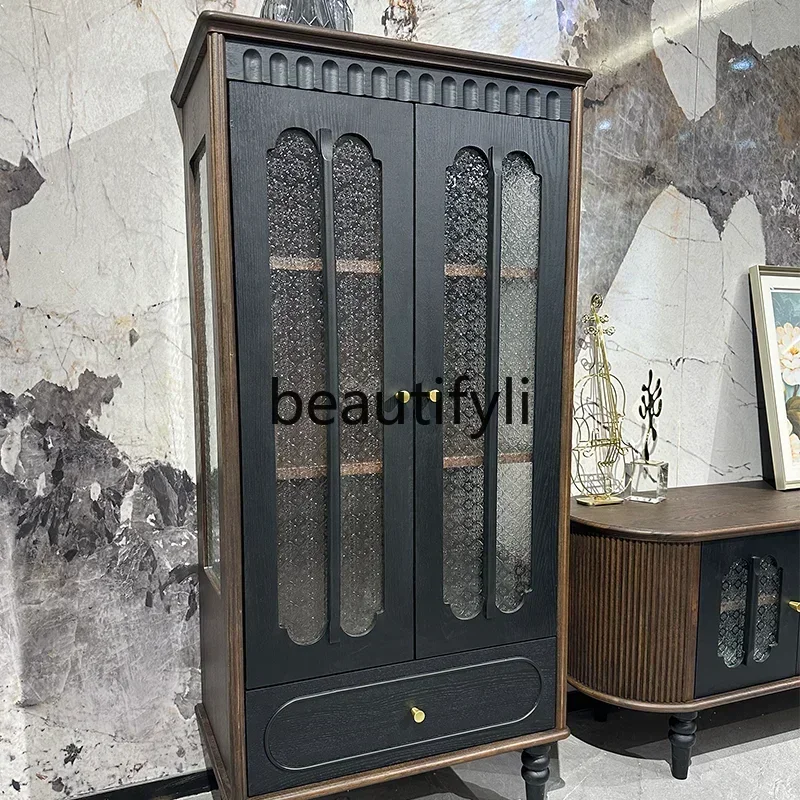 

French retro solid wood dining side cabinet, wall storage storage cabinet integrated medium and ancient style side cabinet LHY26