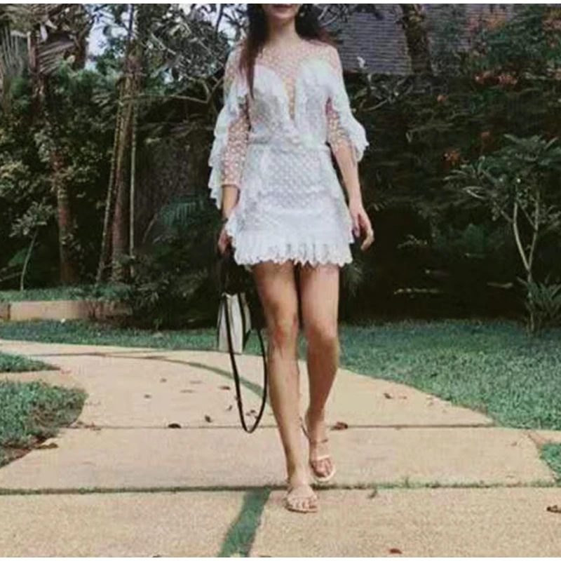 

Women Summer Beach Boho Embroidery Backless Tassel Transparent Princess Mini Dress Floral Star Ruffle Lace White Elegant Dress