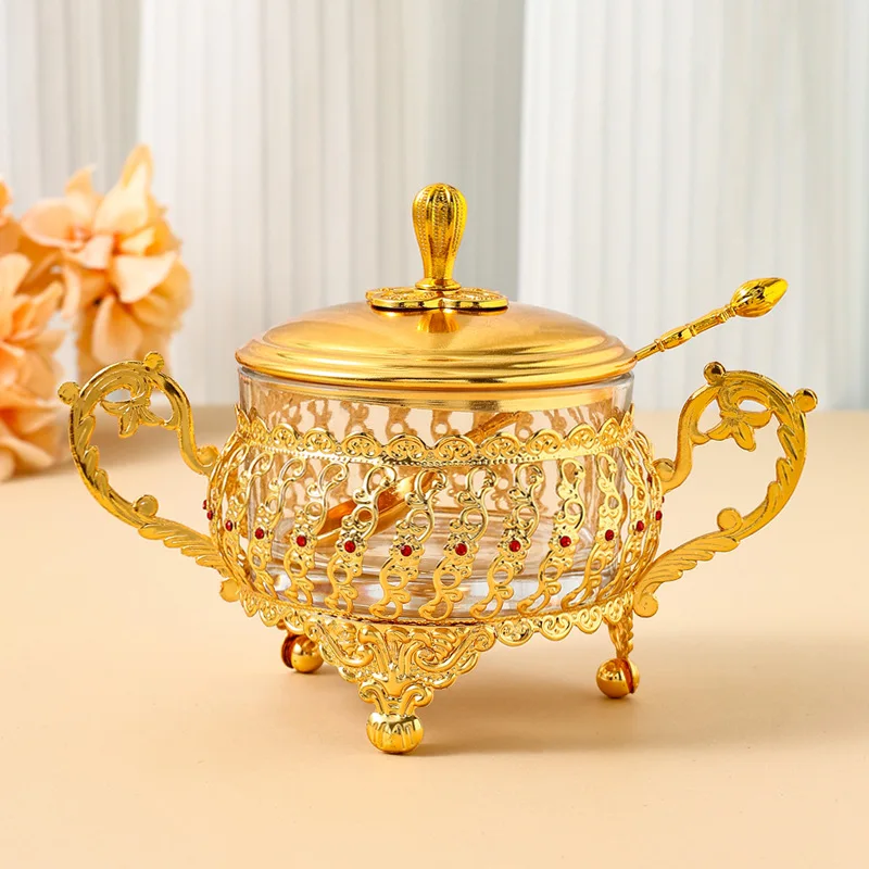 Golden wrought iron European seasoning jar Household kitchen supplies Glass sugar cup Storage sealed jar Candy storage box