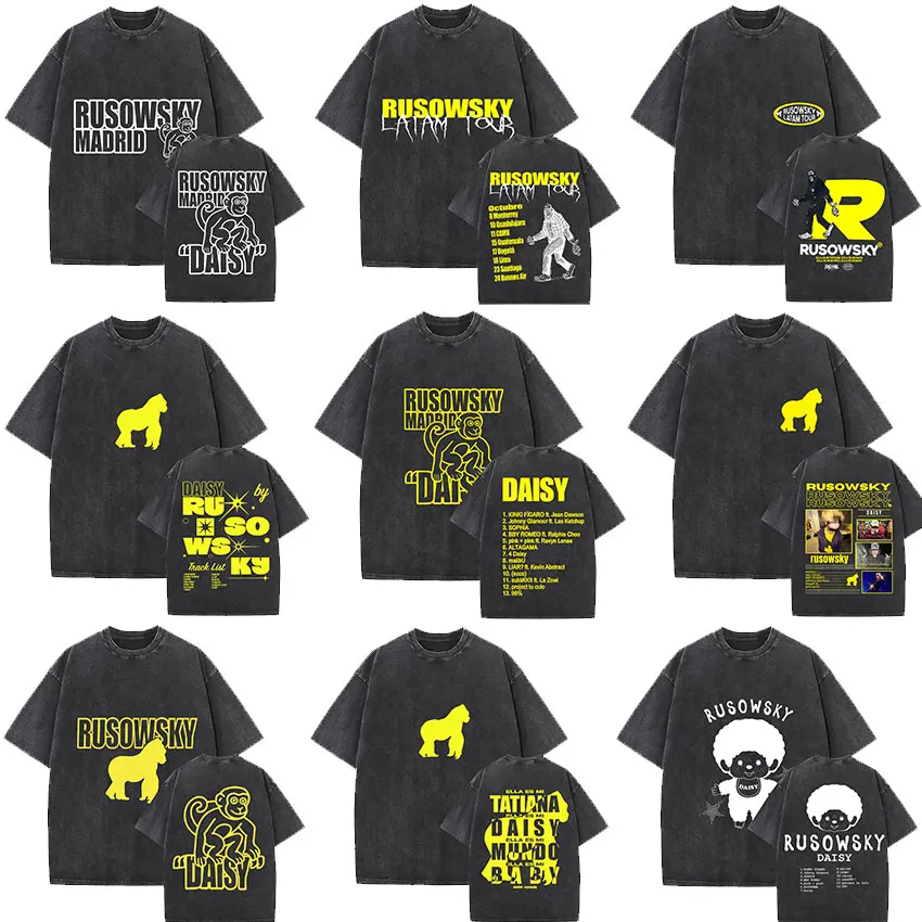 محدودة الراب رووسكي ديزي جولة 2025 خمر غسلها تي شيرت الرجال النساء الهيب هوب القوطية موضة تي شيرتات قصيرة الاكمام الشارع الشهير #1