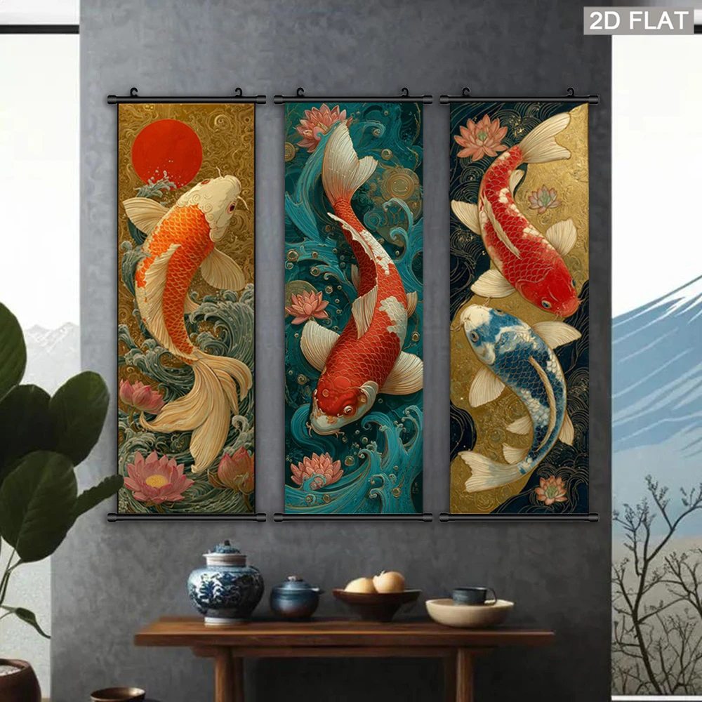 VIKAMA Auspicious Koi Scroll Tapestry, Vintage Ukiyo-e Lotus and Waves Wall Art, Home Decor for Bedrooms and Living Rooms