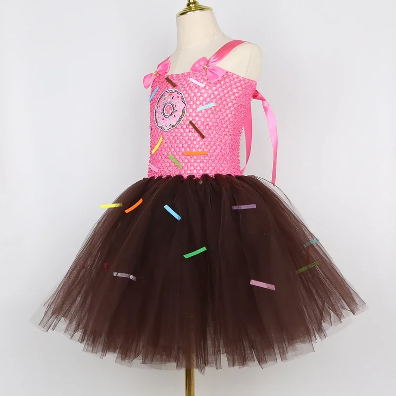 EE01 Costume da ciambella per bambina Vestito a tema caramelle per regali per feste di compleanno per bambini Vestito da tutu per biscotti con ciambella al cioccolato dolce GirlIo0!