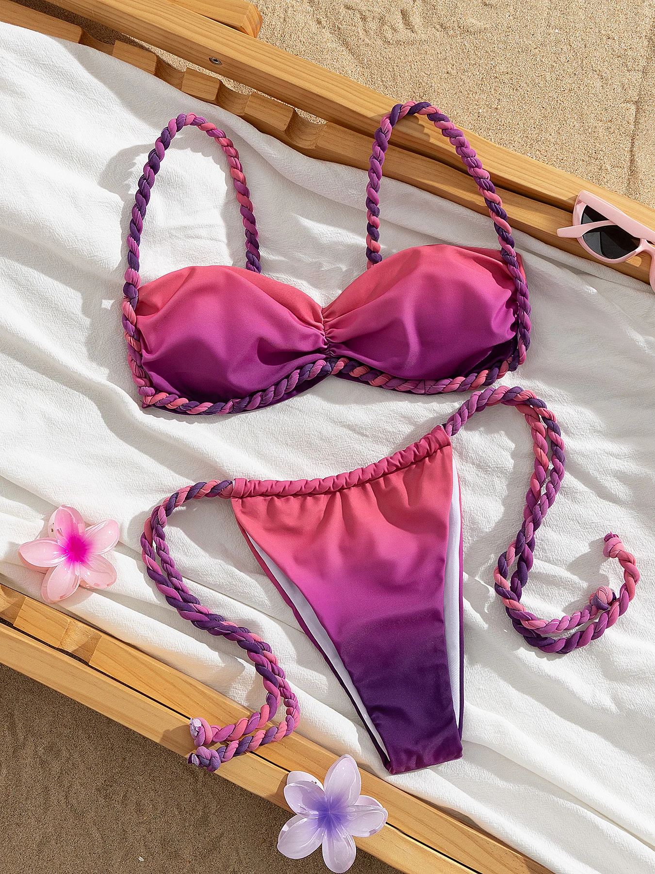 

Stylish Braide Bikini Women Slipt Swimsuit, Sexy Colormatch Bikini For Women Lady Low Waist Biquini Swimwear Female Beachwear