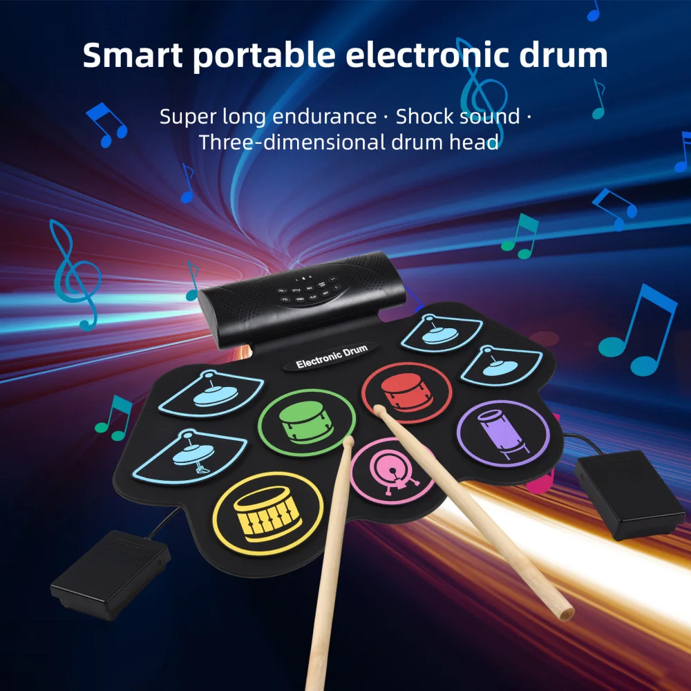 Electronic Drum Set Hand Roll Jazz Drum Percussion Instrument 9 Pads BT External Sound with Drumsticks Foot Pedal MIDI Interface