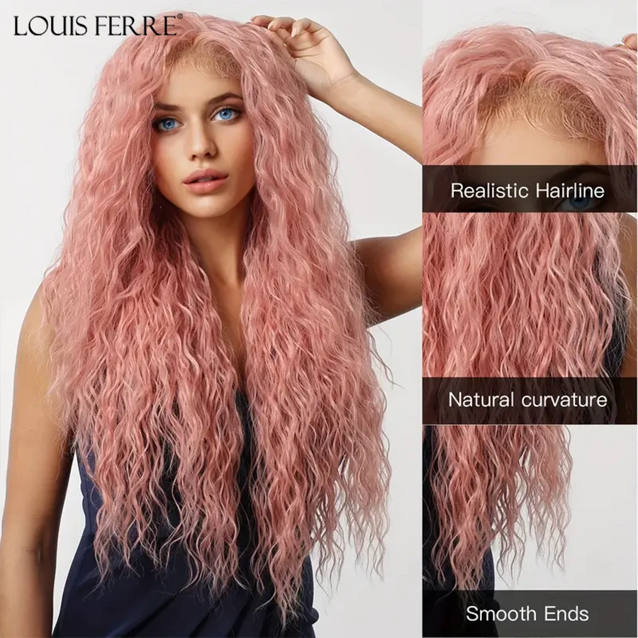 LOUIS FERRE Deep Wave Curly Hair Long Pink Wigs for Black Women 13*6 Lace Front Synthetic Wigs With Baby Hair Daily Party Wig