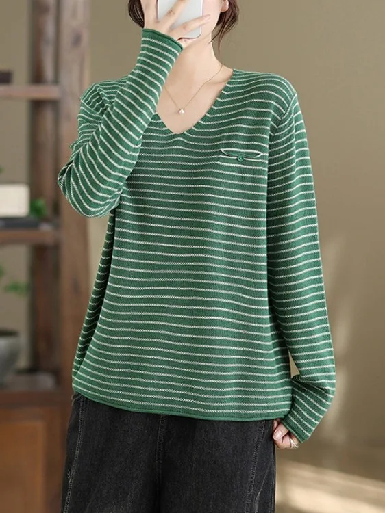 

Simple Knitted Long Sve V-Ne Loose Women's Top Trendy Sweater Autumn Winter Striped Base Layer irt Outerwear Coat