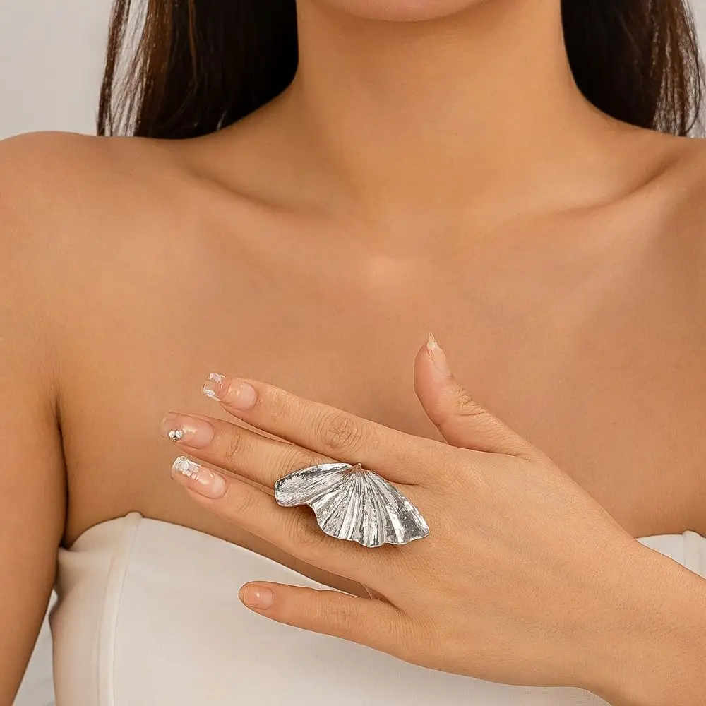 합금 은행 나무 잎 반지 기하학 골드 실버 컬러 너클 조인트 링 Pleated 펑크 파티 쥬얼리 팬 모양의 손가락 반지 선물