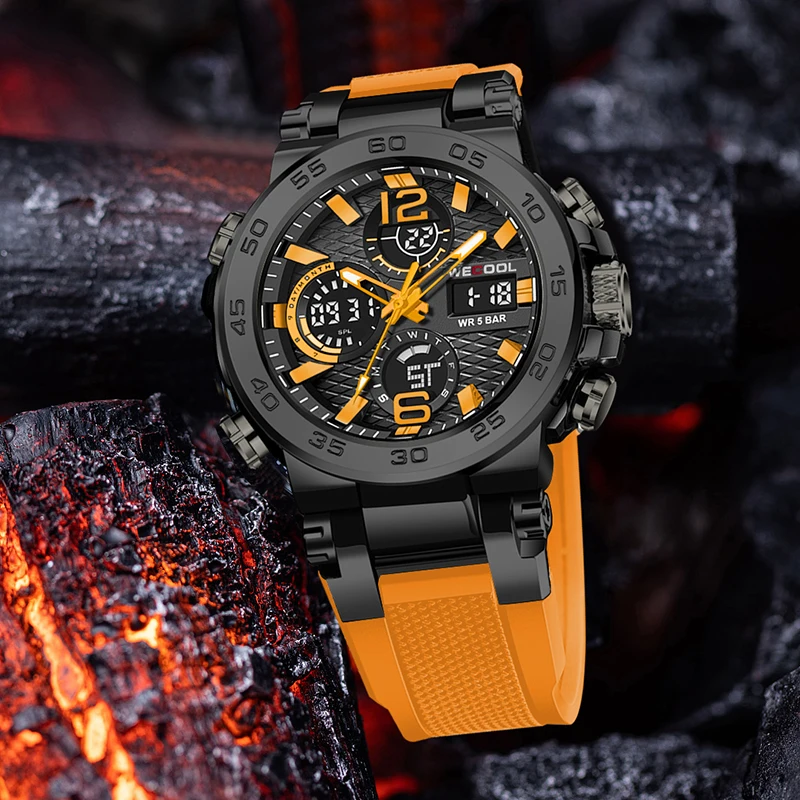 WECOOL Brand Dual Display Digital W-822 50M Waterproof Alarm Clock Luminous Watch For Man