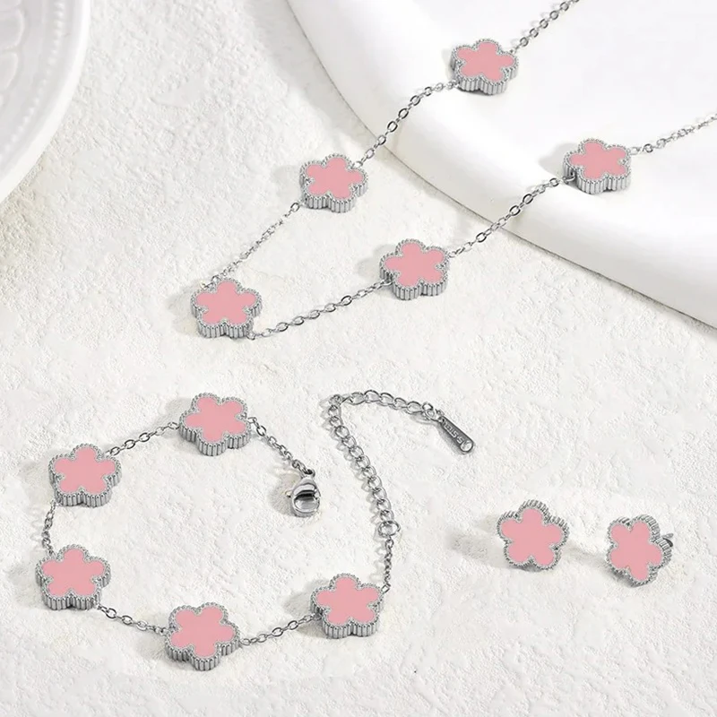 Stainless Steel Sets Earrings Necklace Bracelet Christmas Birthday Gifts Gold Plated Women\'s Double Sided Flower Elegant Fashion