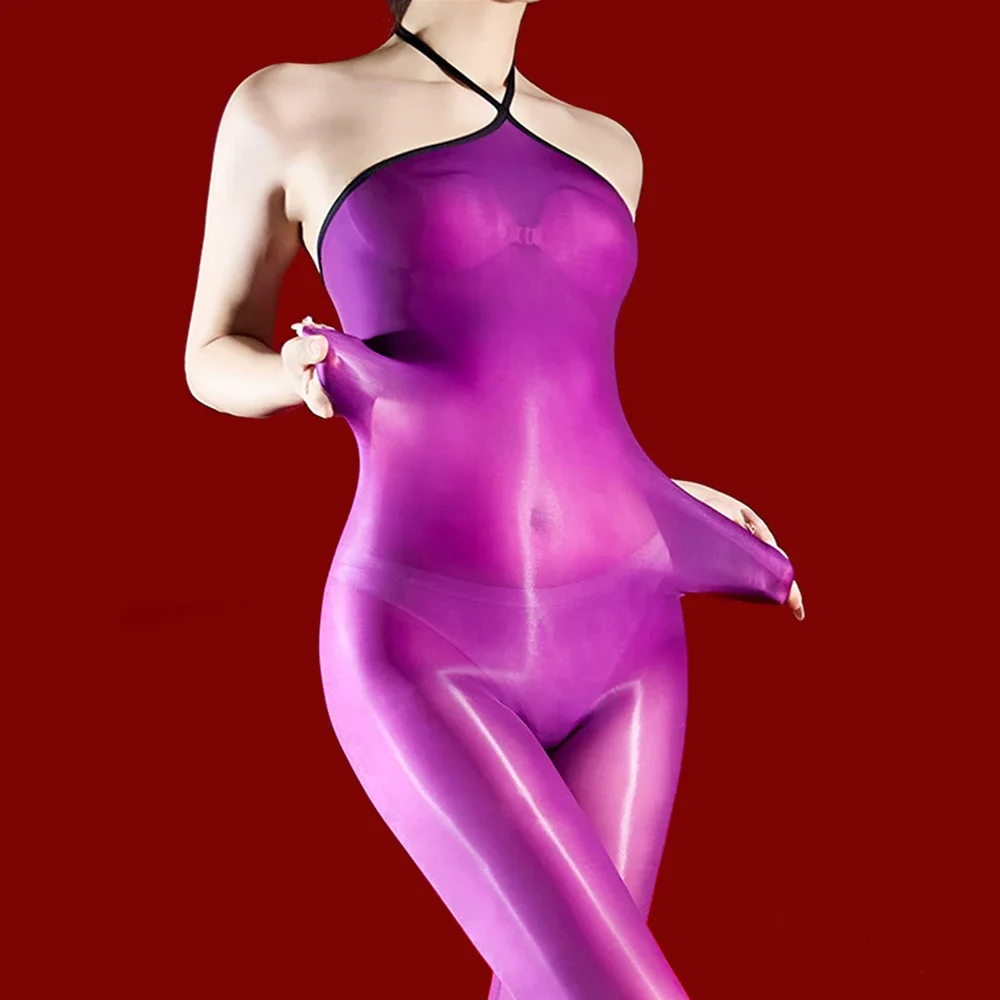 Women 5D Halter Bodysuit Oil Glossy Shiny Elastic Tights Backless Sheer See Through Shaping Jumpsuit One-Pieces Maid Leotard