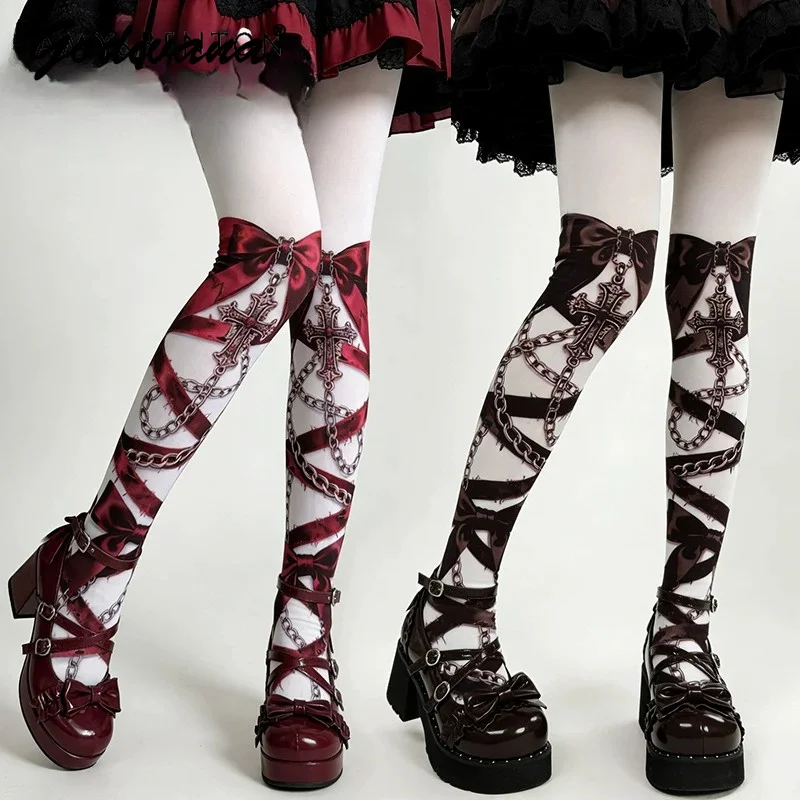 Gothic Lolita Cross Chain Print Subculture Girl Women‘s 120D Velvet Pantyhose Spring and Autumn Cos Tights Long Stockings