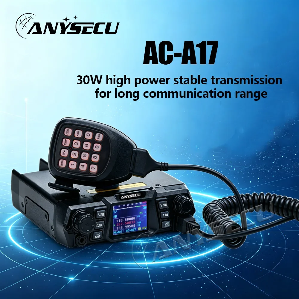 ANYSECU AC-A17 30W Aviation Band UHF Mobile Radio AM FM 200CH 8.33KHz 25KHz Dual Watch PC Programmable Backlit Numeric Hand Mic