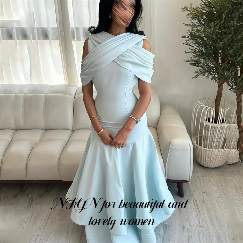 

NFYN Light Blue Party Dress Cross Draped فساتين السهرة Mermaid Night Dress Satin Evening Dress for Woman Customized