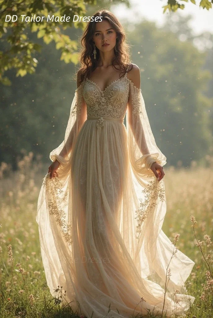 

Fairy Boho Wedding Dress With Lace Appliques Long Sleeves Spaghetti Customized Champagne Bridal Gown Garden Vestidos De Novia