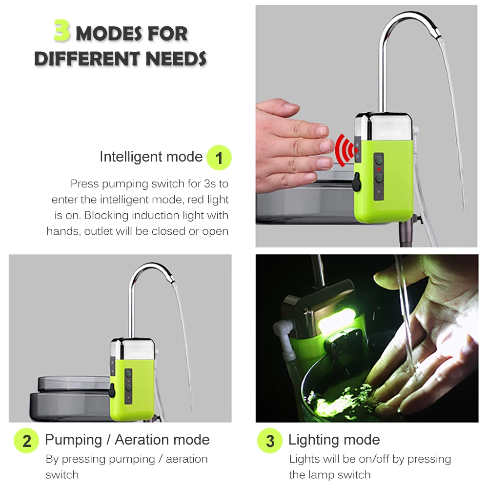 Portable 3-in-1Mini Oxygen Pump With Air Stone Tube Sensing USB Charging Automatic Water Pump LED Lighting For Outdoor Fishing