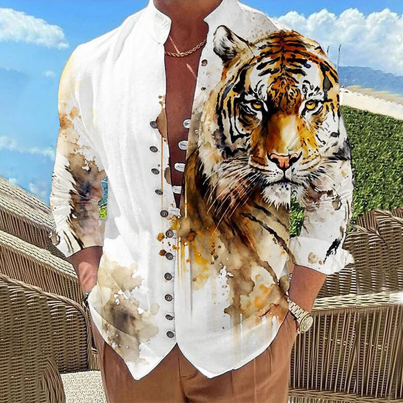 

Рубашки с графическим принтом в виде животного льва, мужская модная повседневная однобортная рубашка, мужская уличная мусульманская мужская одежда, майки с длинным рукавом