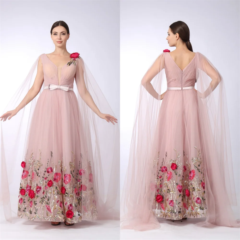 

Customized Formal Dress Saudi Arabia Dearin V-neck A-line Floor Length Skirts Open Back Bows Draped Tulle Applique 3D Flower Bes