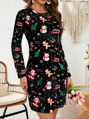 Damklänning med långärmad jultema, rund halsringning, roliga festliga tryck, perfekt för vardagliga julutflykter och vardagsaktiviteter 10 best sales svart jultomteklänning - №3
