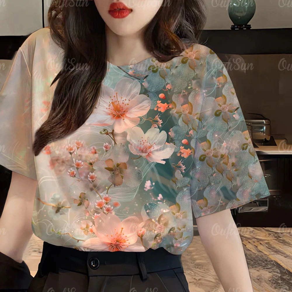 

2024 Top Women Floral Printed Women's T-Shirt Oversized T-Shirt Korean Popular Clothes Women Clothing Short Sleeve Tee Blouse