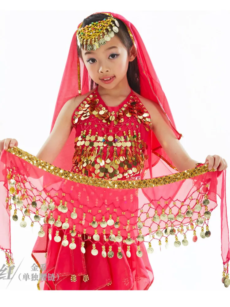 Sequins Oriental Dancing Halloween Costume Children\'s Belly Hip Scarf Performance Jazz Tassels Girl Fantasia Latin Clothes Arab