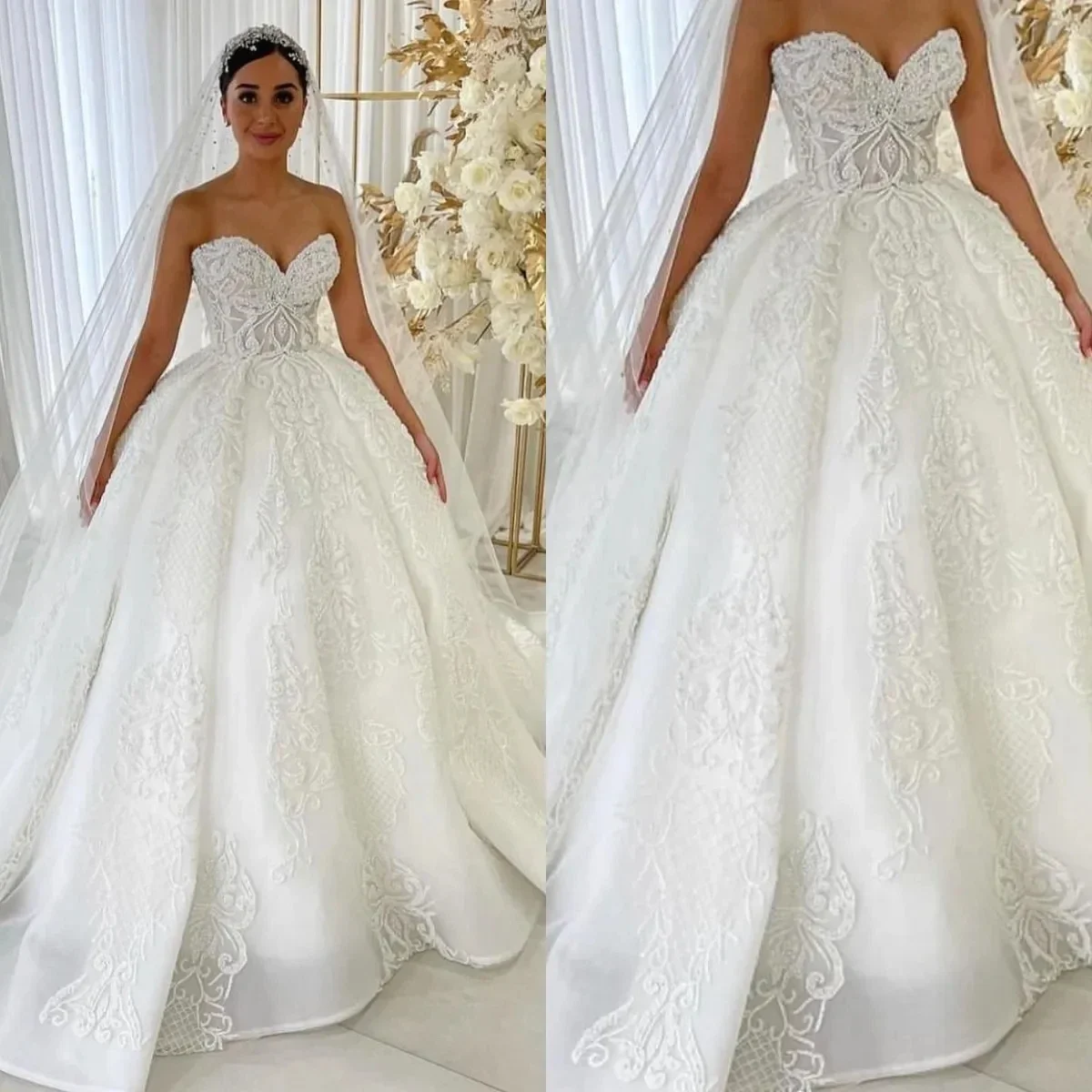 

Flavinke Customized Luxury Train Bridal Dresses Sexy Sweetheart Beaded Lace Decal Elegant Wedding Dresses Vestidos De Novia