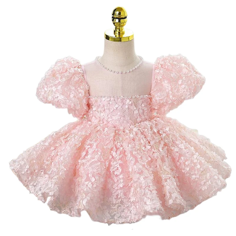 Robe de demoiselle d'honneur rose pour tout-petits, longueur genou, robe de Rhprincesse, vêtements de performance de carnaval moelleux, fête d'anniversaire, enfants de 1 à 14 ans