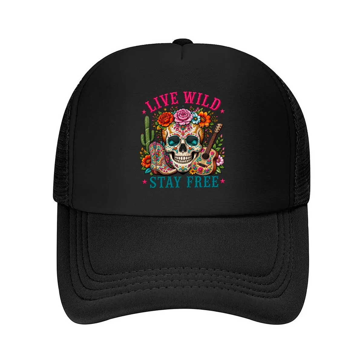 Live Wild Stay Free Sugar Skull Cactus Guitar Floral Western Mesh Baseball Cap Hip Hop Dad Hat For Womens Unisex Female