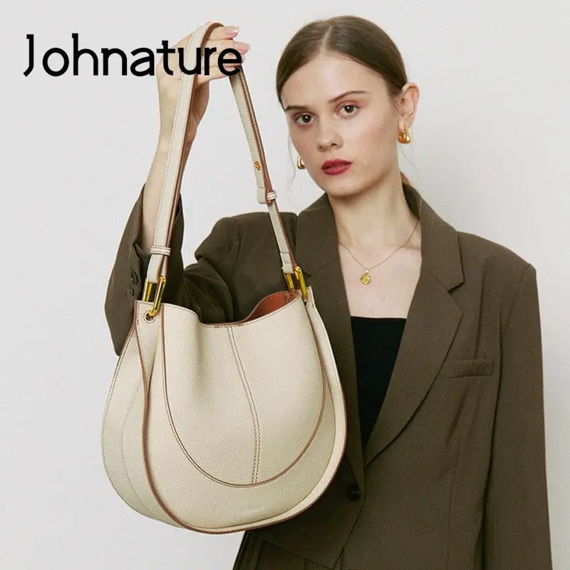 Johnature 2024 New Fashion Women Bag Genuine Leather Versatile Shoulder Bags Solid Color Casual Cowhide Crossbody Bags