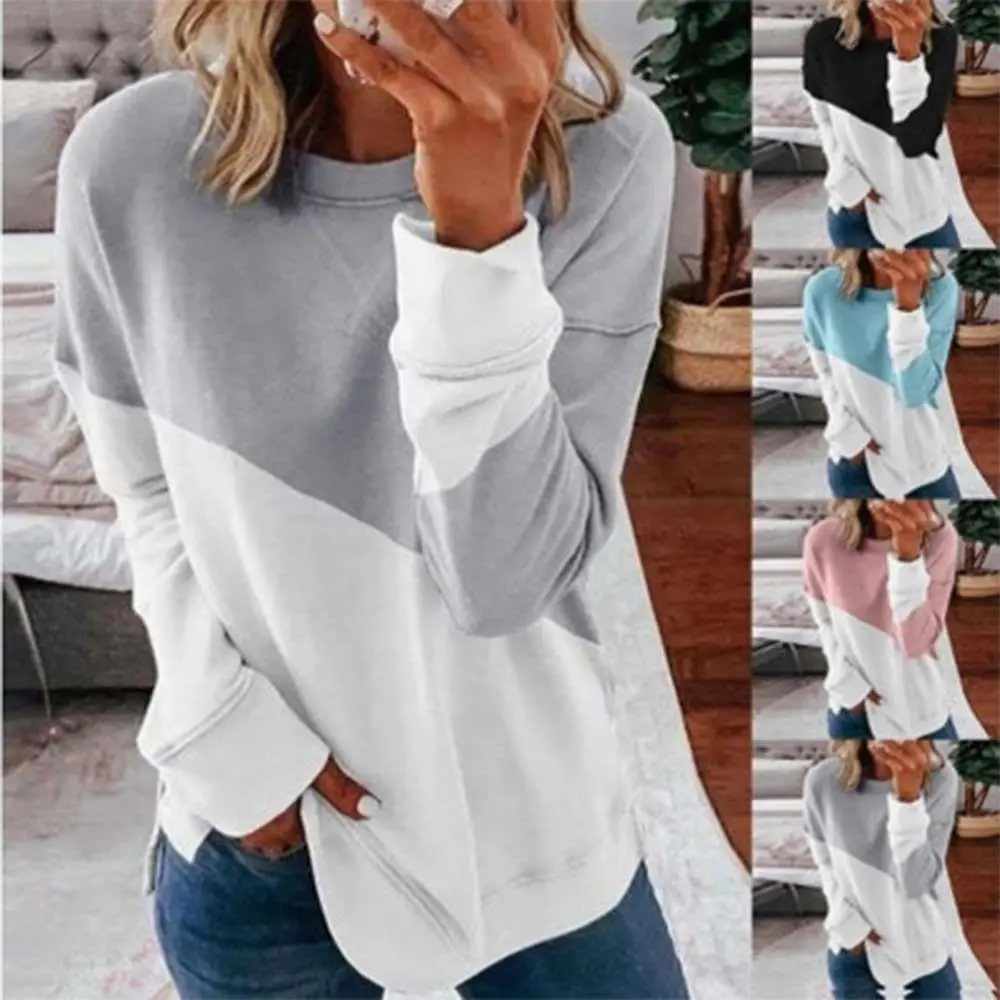2020 Women's Long Sleeve round Neck Loose Sweatshirt T-Shirt Color Block Cute Style Polyester Fiber Geometric Pattern Top
