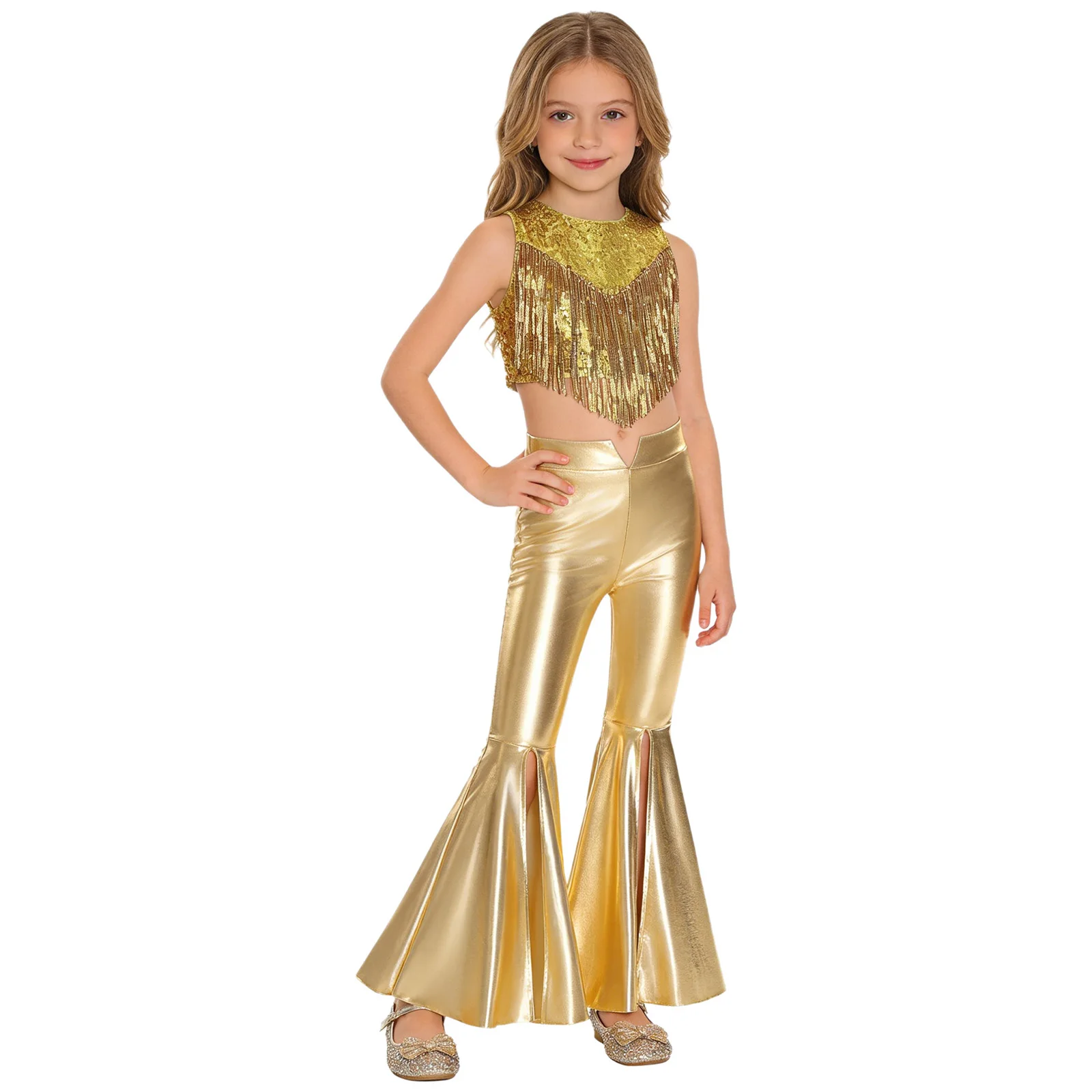 Kinderen jaren '70 Disco Dance Set 2-delig Metallic Glans Glanzende Pailletten Top met Metallic Broek Meisjes Cheerleading Competitiekostuum - afbeelding 2
