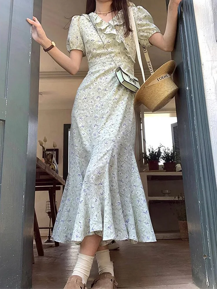 Spring Faion Blumendruck Tea Break Dr Damen Taillen-Cinching Bubble Sve Langer A-Linien-Rock Korean Sle ort Sve