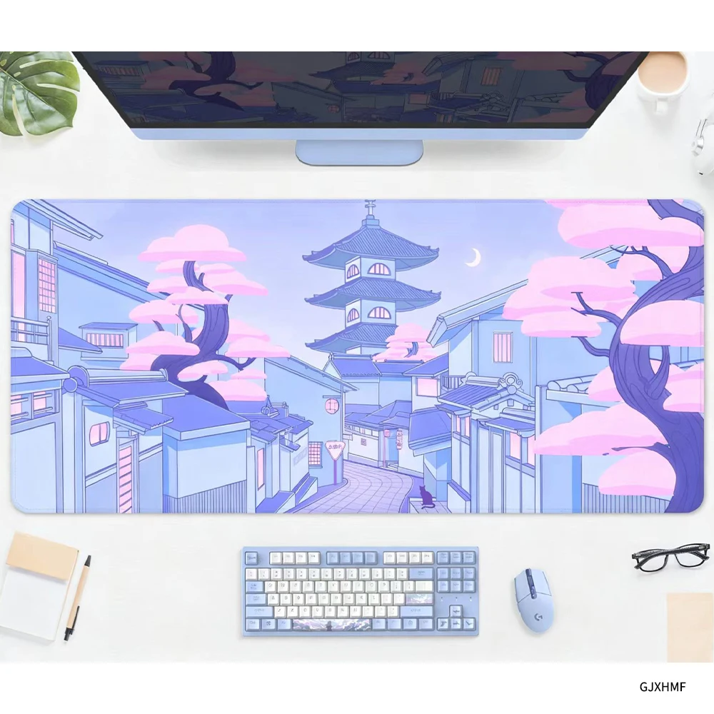 

Japanese City Kawai Kawaii Blue Pink Mouse Pad Cute Desk Mat Pastel Baby Korean Aesthetic Street Arge Small XXL Gaming Mouse Pad