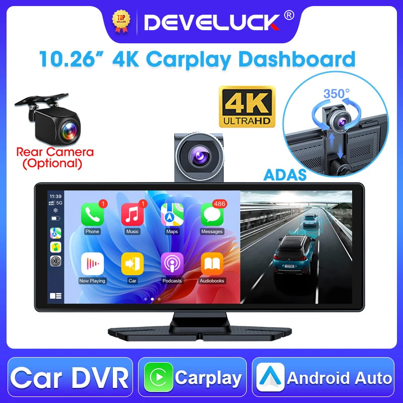 

Develuck 10,26 "ADAS Автомобильный видеорегистратор Видеорегистратор 4K Передняя и задняя камера Carplay Android Автоматический регистратор Поворотная передняя камера Запись в контурах