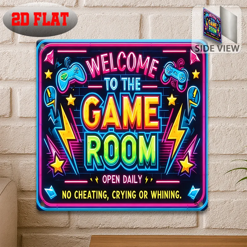 Vintage Metal Tin Sign,Welcome To The Game Room Gamepad Neon Print Rust Plaque,2D Flat No LED Gamer Room Wall Decor