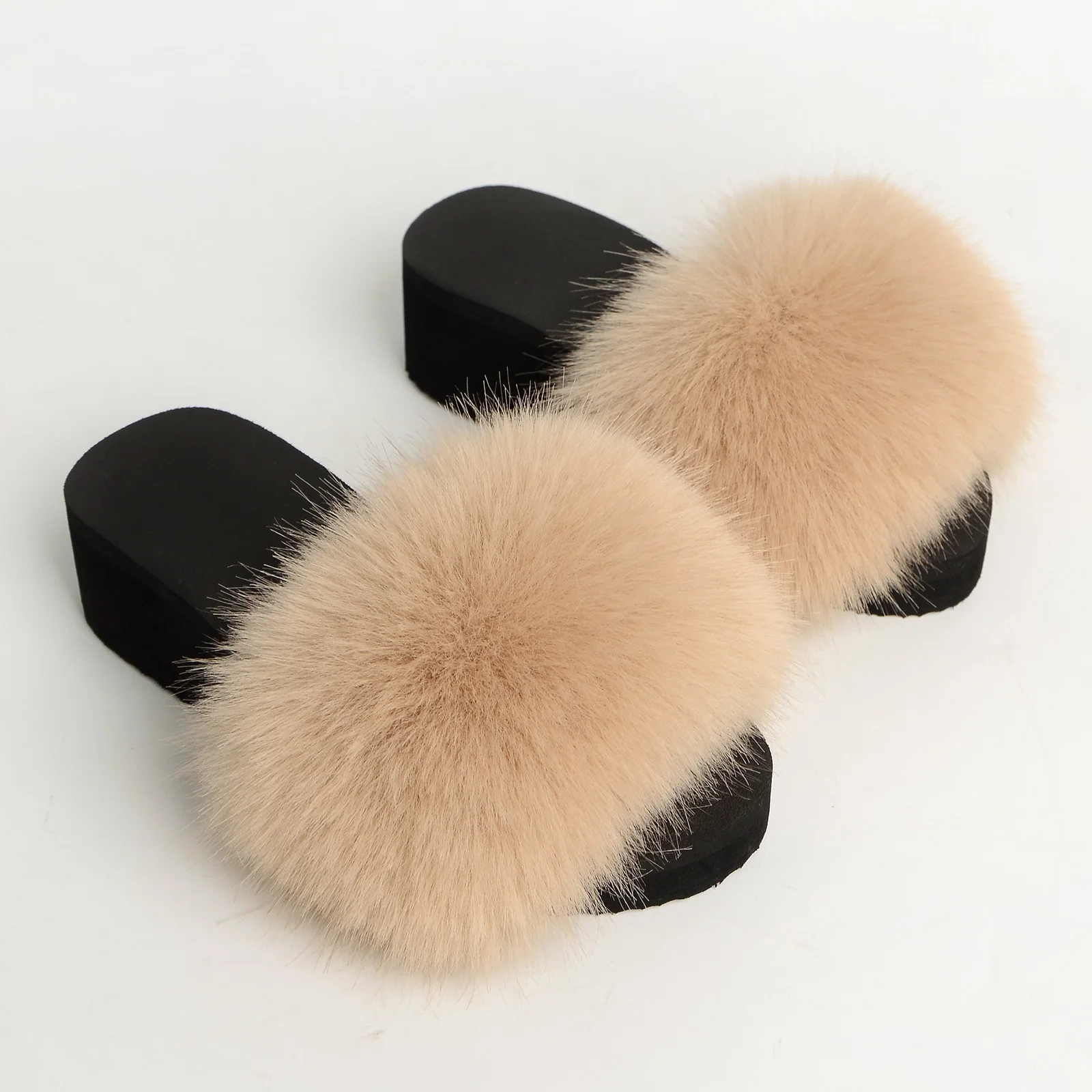 New Style Women\'S Furry Fur Slippers Fake Fox Fur Fluffy Sandals Summer Non-Slip Open-Toed Indoor Sandals