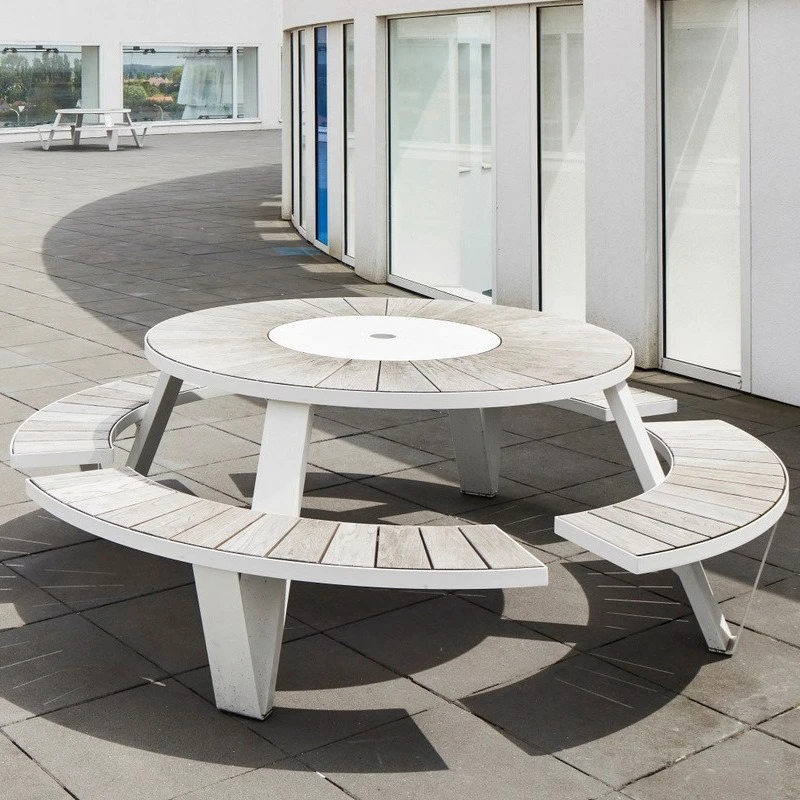 

Aluminum alloy tables and chairs with umbrella kit One-piece long table Public places Open-air garden Stainless stee