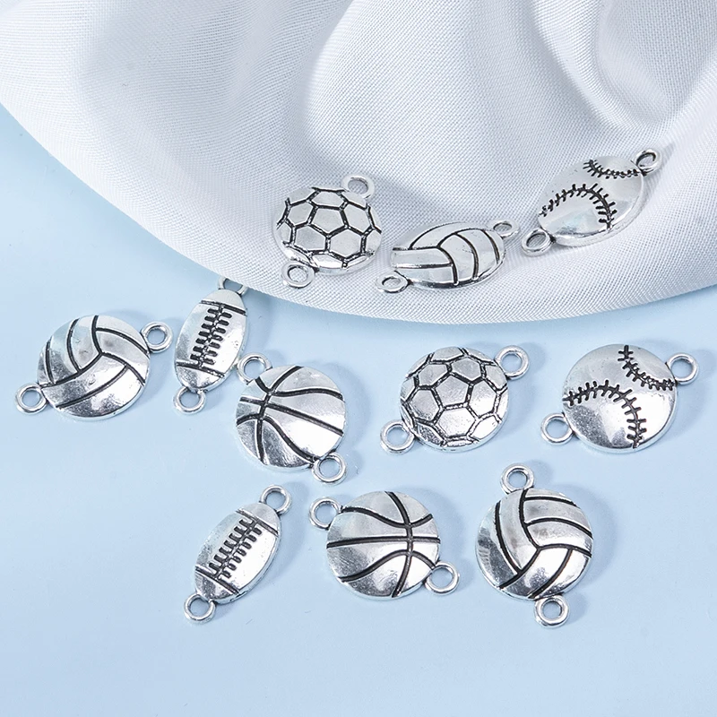 heyuyao 10pcs Mixed Sports Connector Silver Color Basketball Football Pendant for Earrings Diy Jewelry Accessories Two Hole