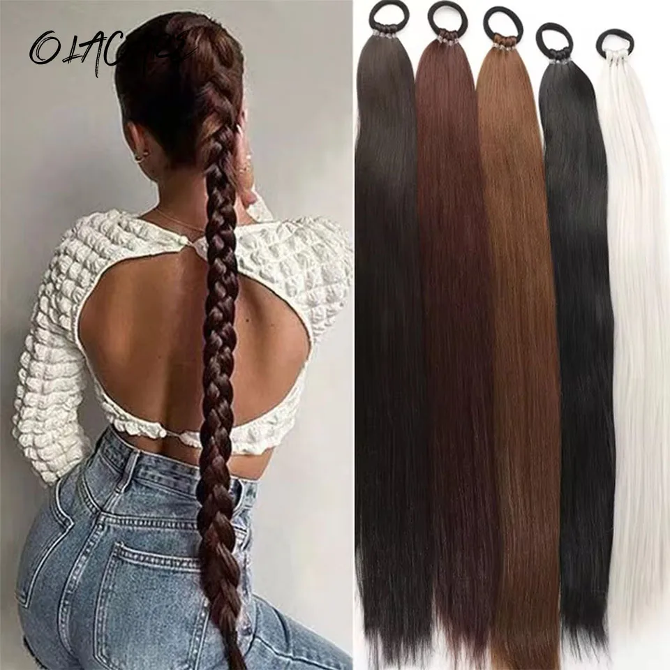 OLACARE Synthetic 28 Inch Long Ponytail Extensions With Elastic Band Versatile DIY Braided Ponytail For Women Girls Black