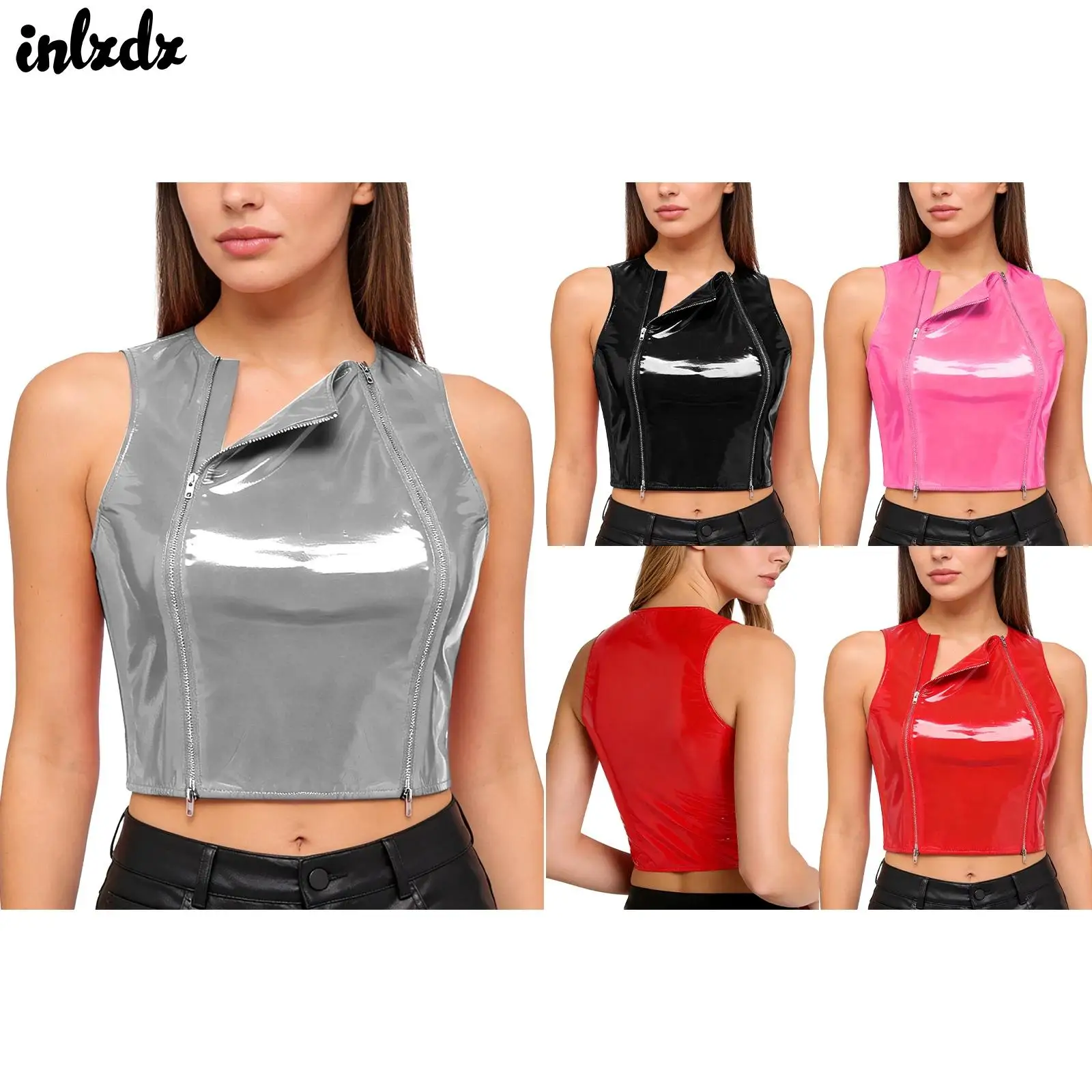 

Womens PU Leather Latex Crop Top Streetwear Front Dual Zippers Sleeveless Slim-fit Glossy Tank Top Cropped Vest Rave Clubwear
