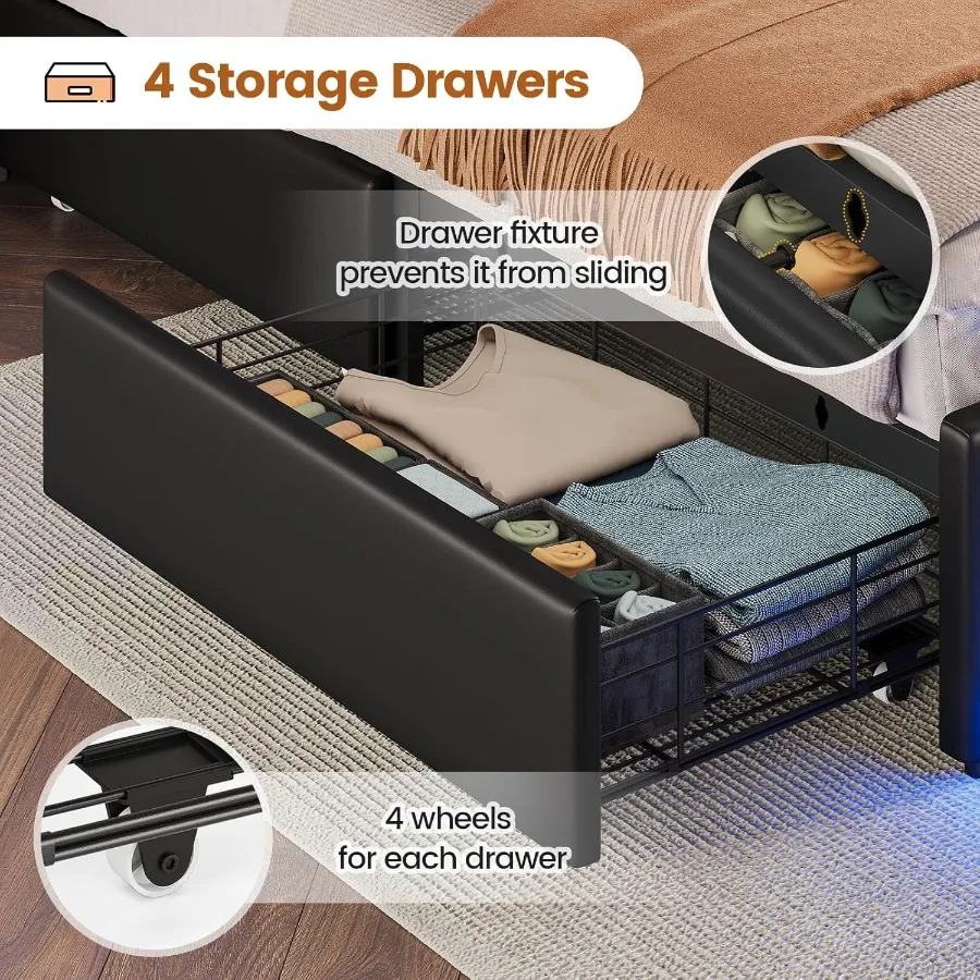 Queen Bed Frame with 4 Drawers and Hidden Storage Headboard Featuring LED Lighting Built-in Charging Station Upholstered Design - Image 6