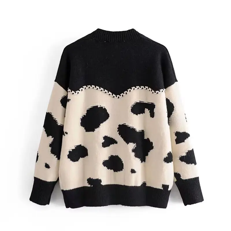 Topenomi Vintage Animal Printed Sweater Cardigan Woemn V Neck Casual Loose Patchwork Knitted Coat Autumn Winter Fashion Jumper